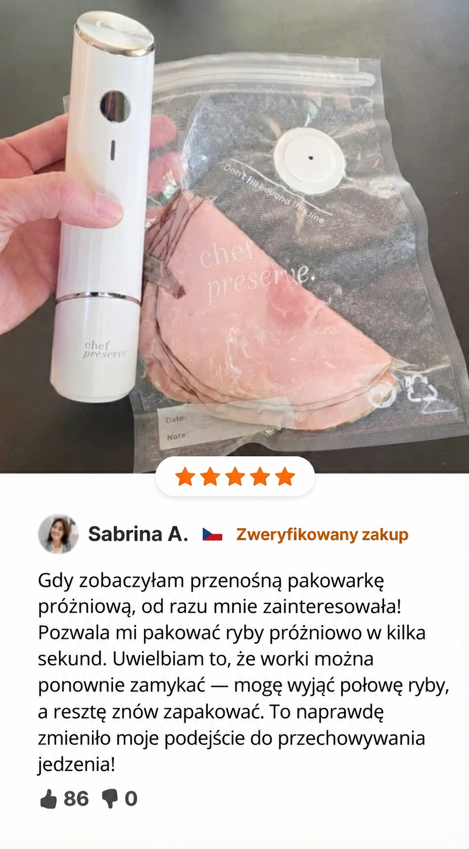 Opinia Sabrina A. o ChefPreserve, przetłumaczona z języka czeskiego
